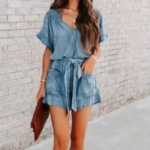 VICI Collection, Chambray Romper. SMALL